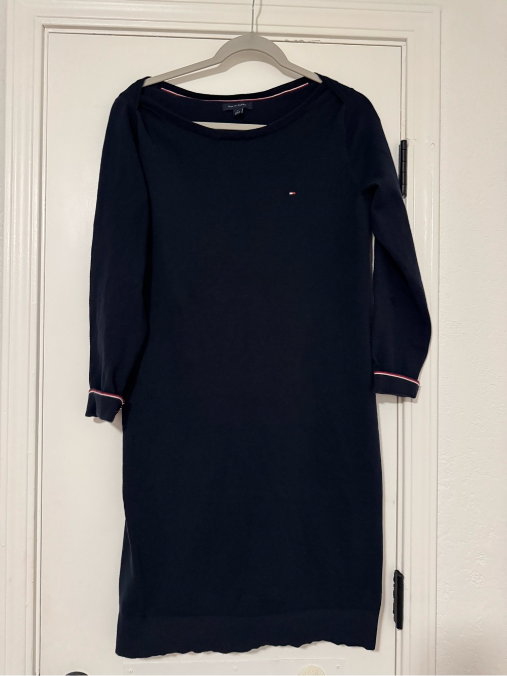 Tommy Hilfiger Navy Knit Boatneck Long Sleeve Dress with Contrast Trim